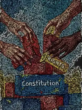 Акварельная иллюстрация, показывающая граждан, изучающих конституционные документы