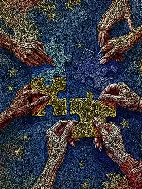 Акварельная иллюстрация со звездами ЕС и многообразием членов