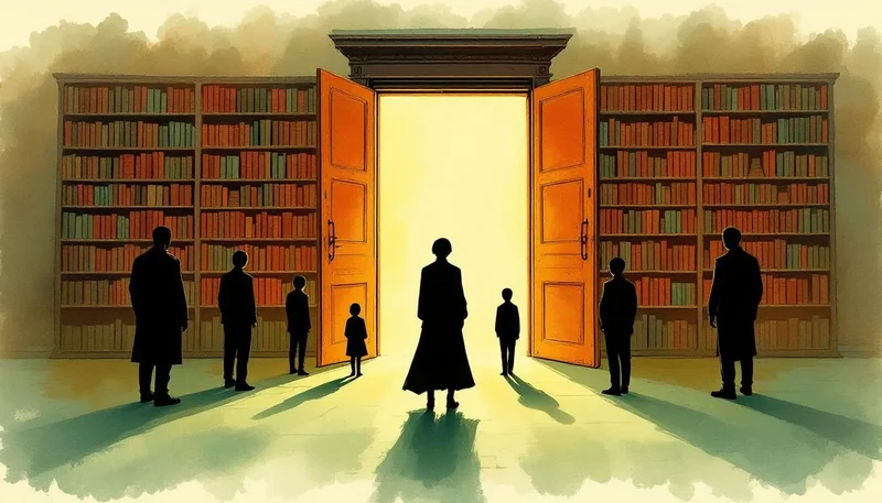 Teenage figure standing among silhouettes facing open library doors with warm amber light streaming through entrance