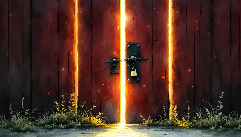 Wooden fence with multiple hands reaching through gaps, library shelves visible inside contrasted with garden path outside