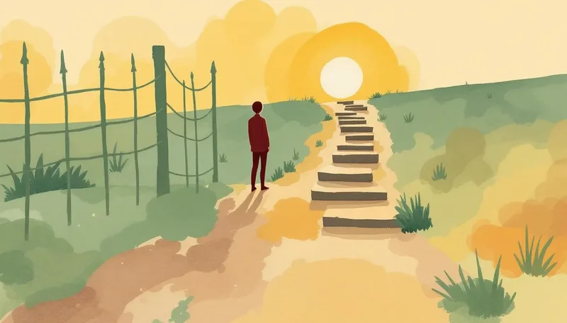 Silhouette at pathway fork choosing between blocked path with metal bars and ascending book-stairs toward bright horizon