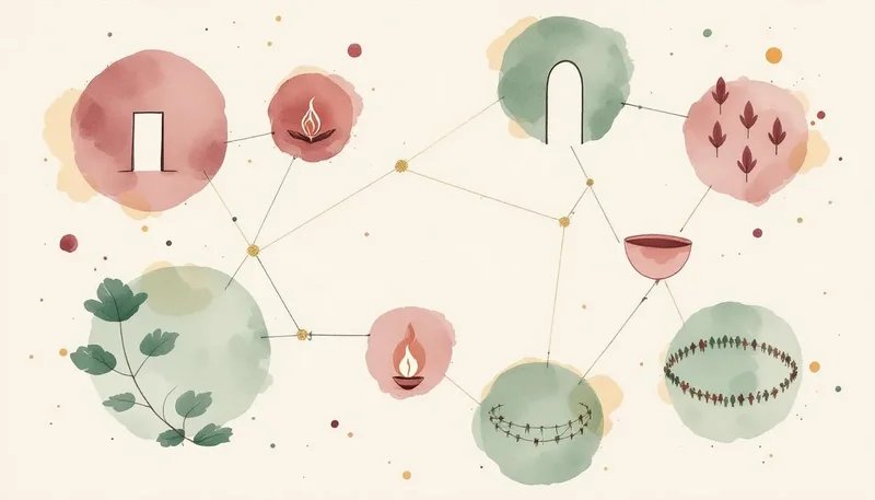 Seven interconnected circles forming constellation pattern, each containing distinct symbol representing different knowledge principles