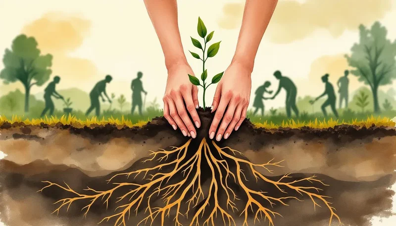 Hands carefully planting small sapling with visible underground root network connecting to community garden background