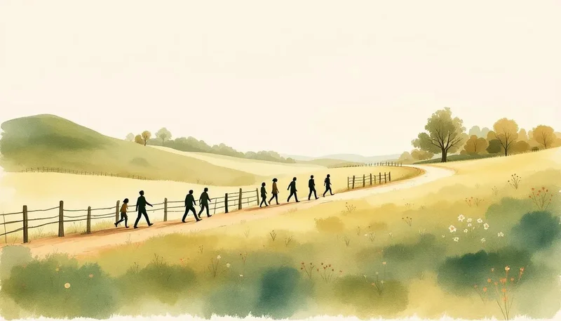 Open meadow with removed fence planks scattered around, flower-lined path leading to distant library building