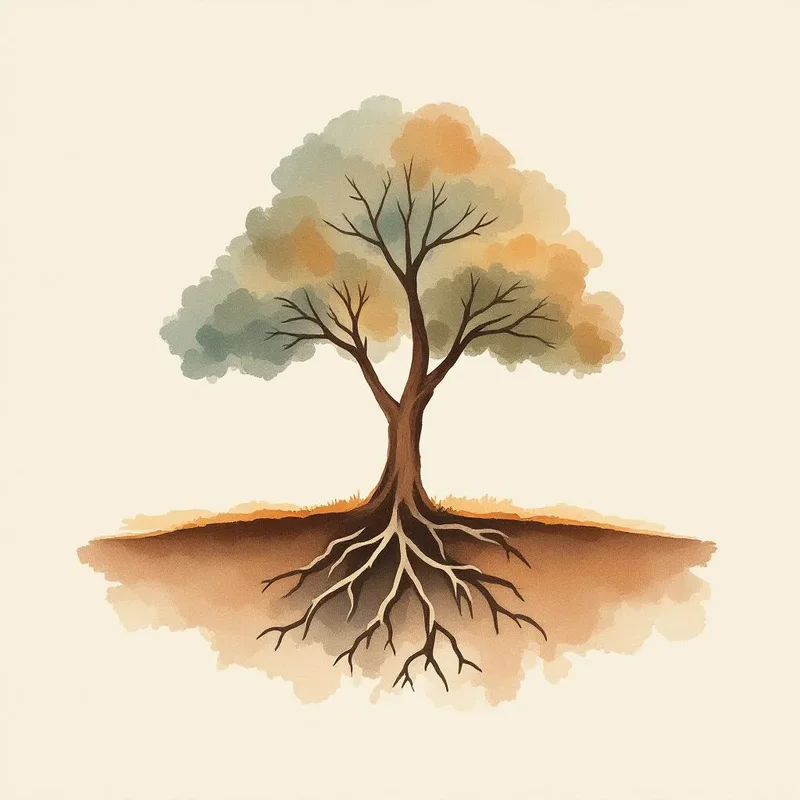 Tree with extensive underground root system branching and connecting beneath surface, showing hidden connections