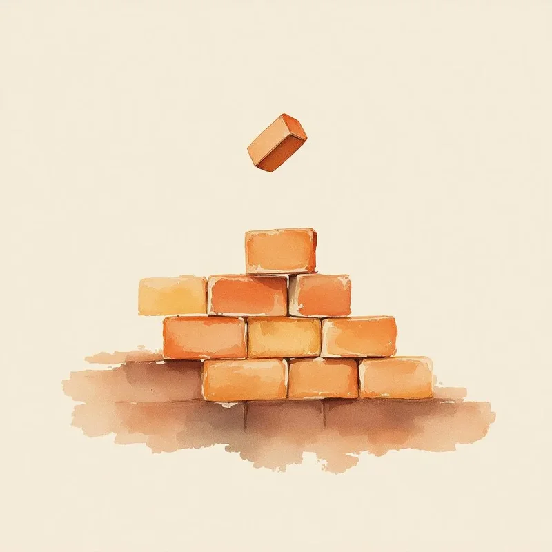 Partially built brick wall with floating brick positioned above, ready to be placed in construction